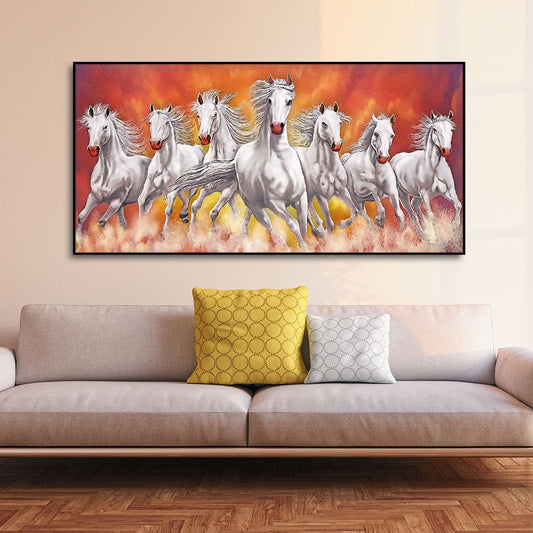 Beautiful White Seven Running Horse Premium Canvas Wall Painting | Decor Smart