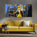 Beautiful Woman with Car Floating Canvas Wall Painting Set of Three