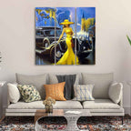 Beautiful Women with Car Panoramic 3 Pieces Wall Painting