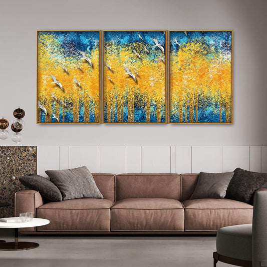 Birds Flying Over Golden Trees Forest Floating Canvas Wall Painting Set of Three - Decor Smart