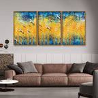 Birds Flying Over Golden Trees Forest Floating Canvas Wall Painting Set of Three
