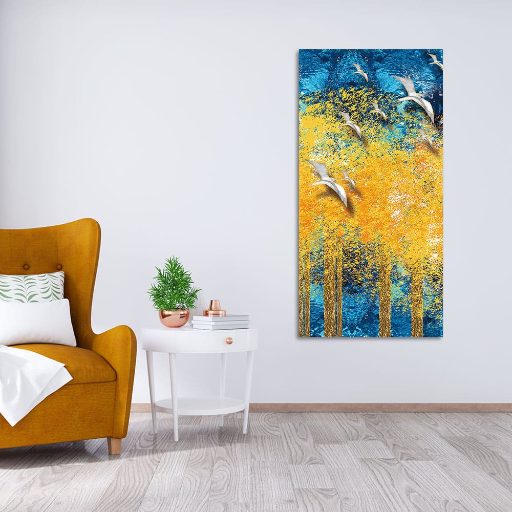 Birds Flying Over Golden Trees Forest Premium Canvas Wall Painting - Decor Smart