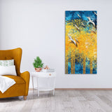 Birds Flying Over Golden Trees Forest Premium Canvas Wall Painting - Decor Smart