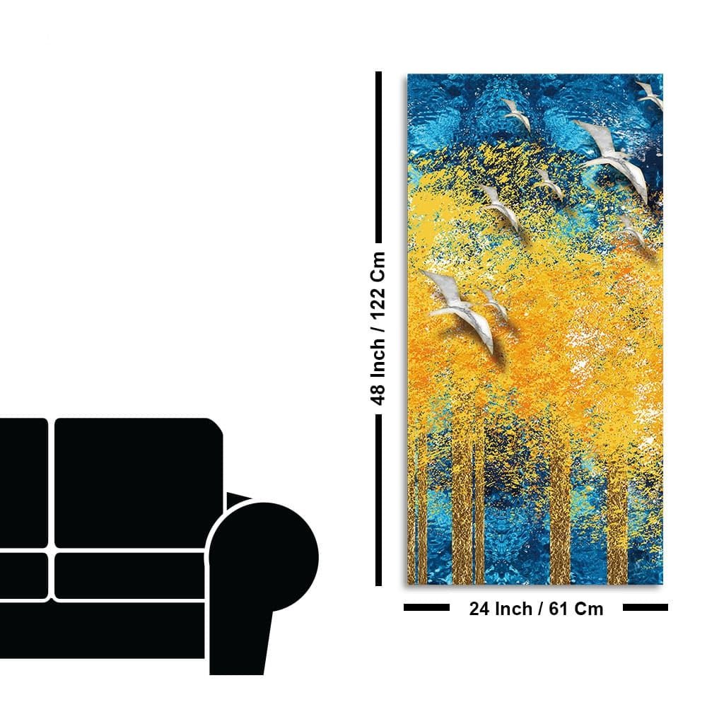 Birds Flying Over Golden Trees Forest Premium Canvas Wall Painting - Decor Smart
