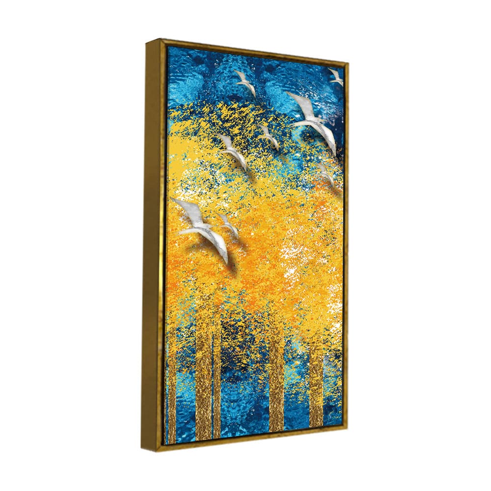 Birds Flying Over Golden Trees Forest Premium Canvas Wall Painting - Decor Smart
