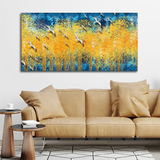 Birds Flying Over Golden Trees Forest Wall Painting - Decor Smart