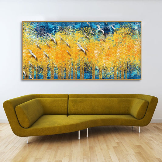 Birds Flying Over Golden Trees Forest Wall Painting - Decor Smart