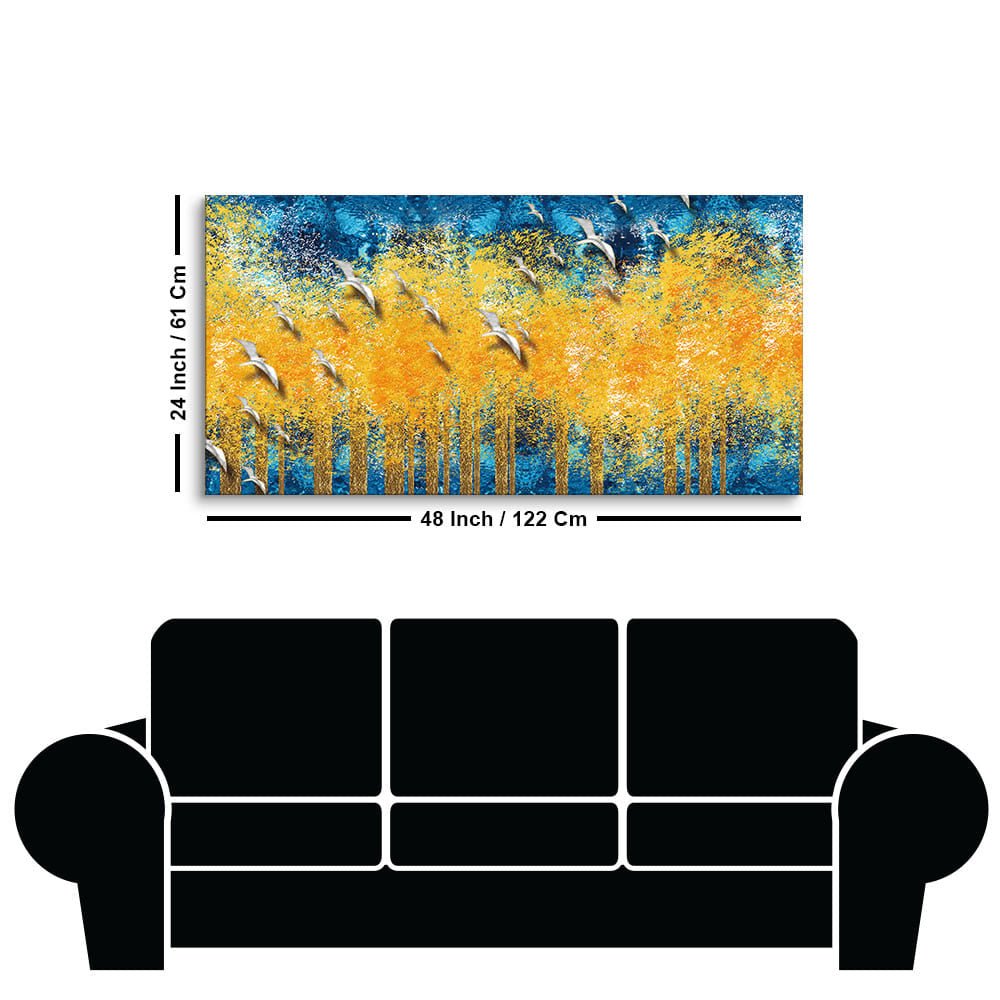 Birds Flying Over Golden Trees Forest Wall Painting - Decor Smart