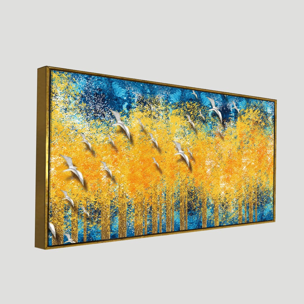 Birds Flying Over Golden Trees Forest Wall Painting - Decor Smart