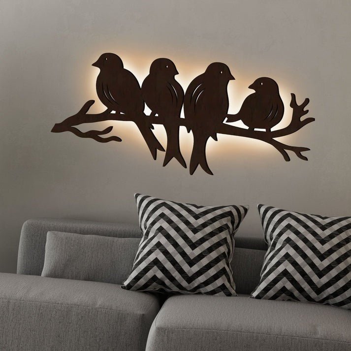 Birds Sitting on Branch Backlit Wooden Wall Decor with LED Night Light Walnut Finish - Decor Smart