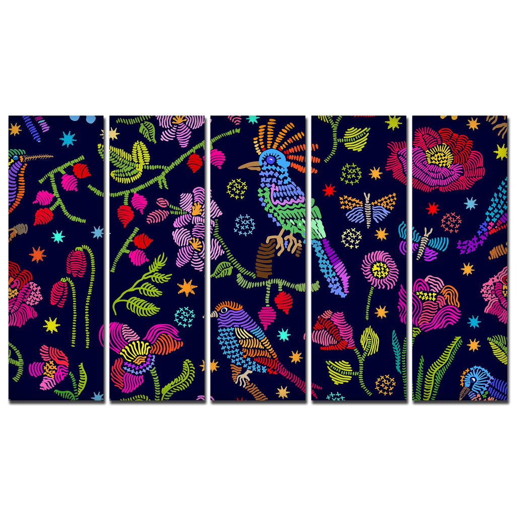 Birds, Flowers & Butterfly Canvas Wall Painting Set of Five