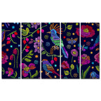 Birds, Flowers & Butterfly Canvas Wall Painting Set of Five