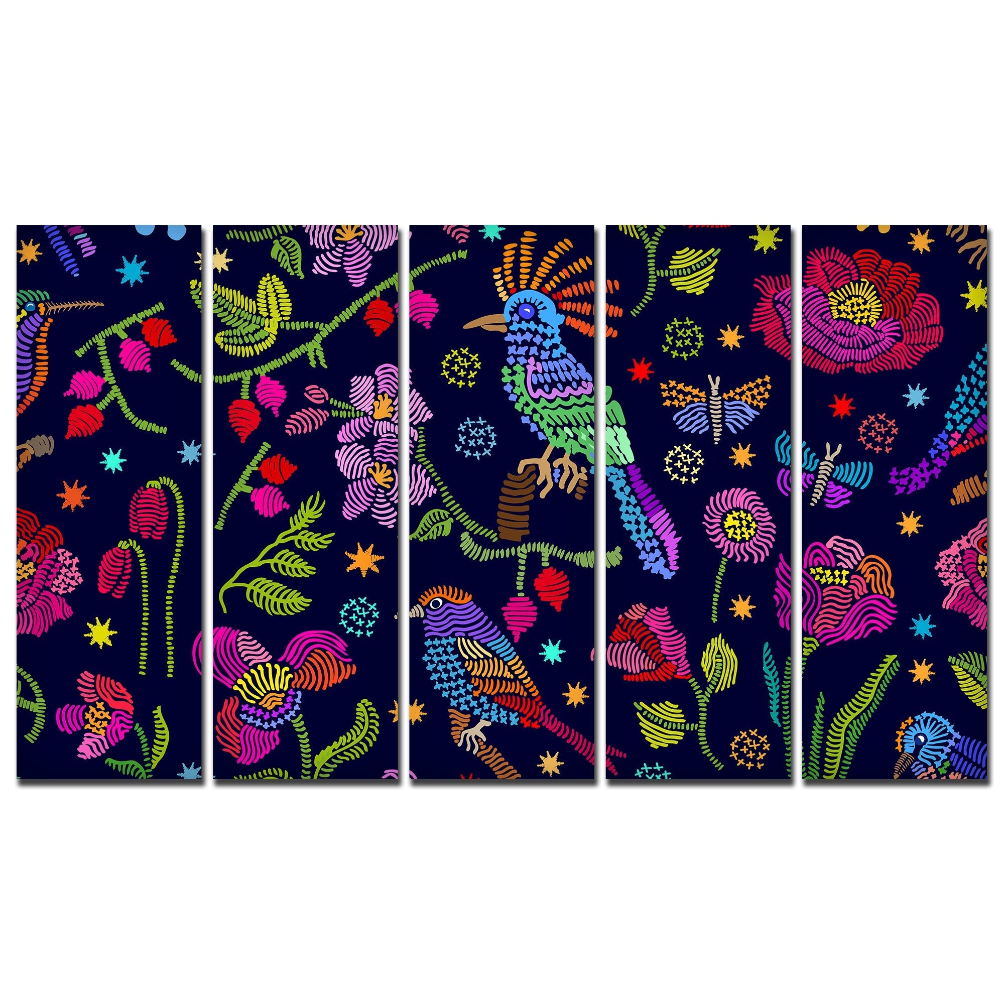 Birds, Flowers & Butterfly Canvas Wall Painting Set of Five