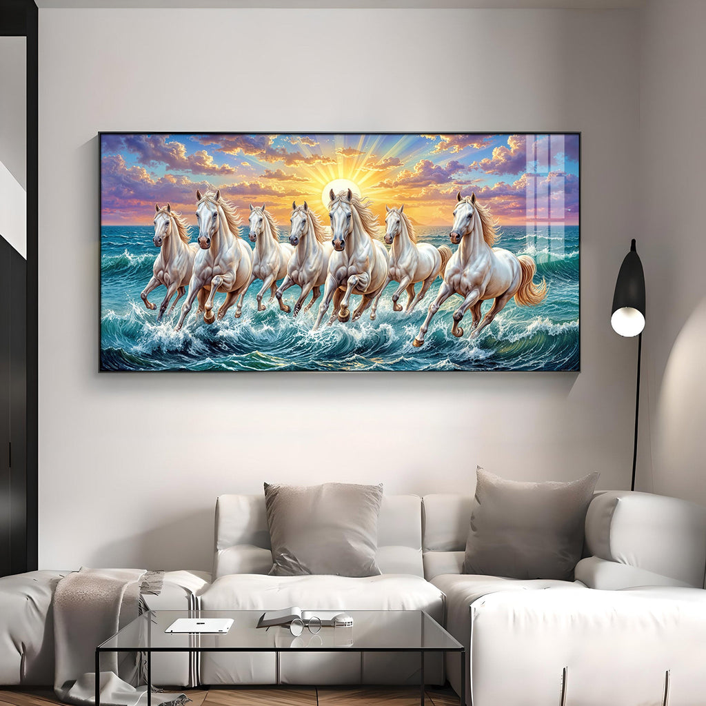 7 Running Horses Galloping Across Water Premium Acrylic Horizontal Wall Art