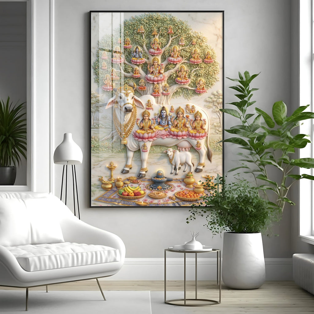 Om Namho Shri Kamdhenu Cow Premium Acrylic Vertical Wall Art