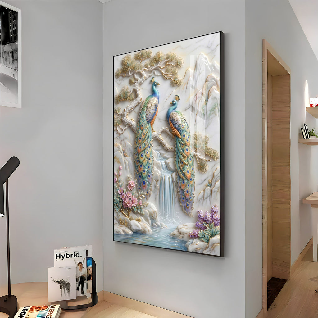 Amazing Two Peacocks Premium Acrylic Vertical Wall Art
