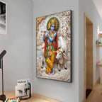 Shri Krishna With Cow Premium Acrylic Vertical Wall Art