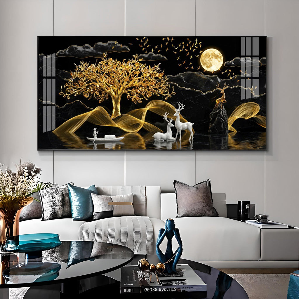 White Deer With Golden Tree Premium Acrylic Horizontal Wall Art