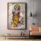 Shri Krishna With Cow Premium Acrylic Vertical Wall Art