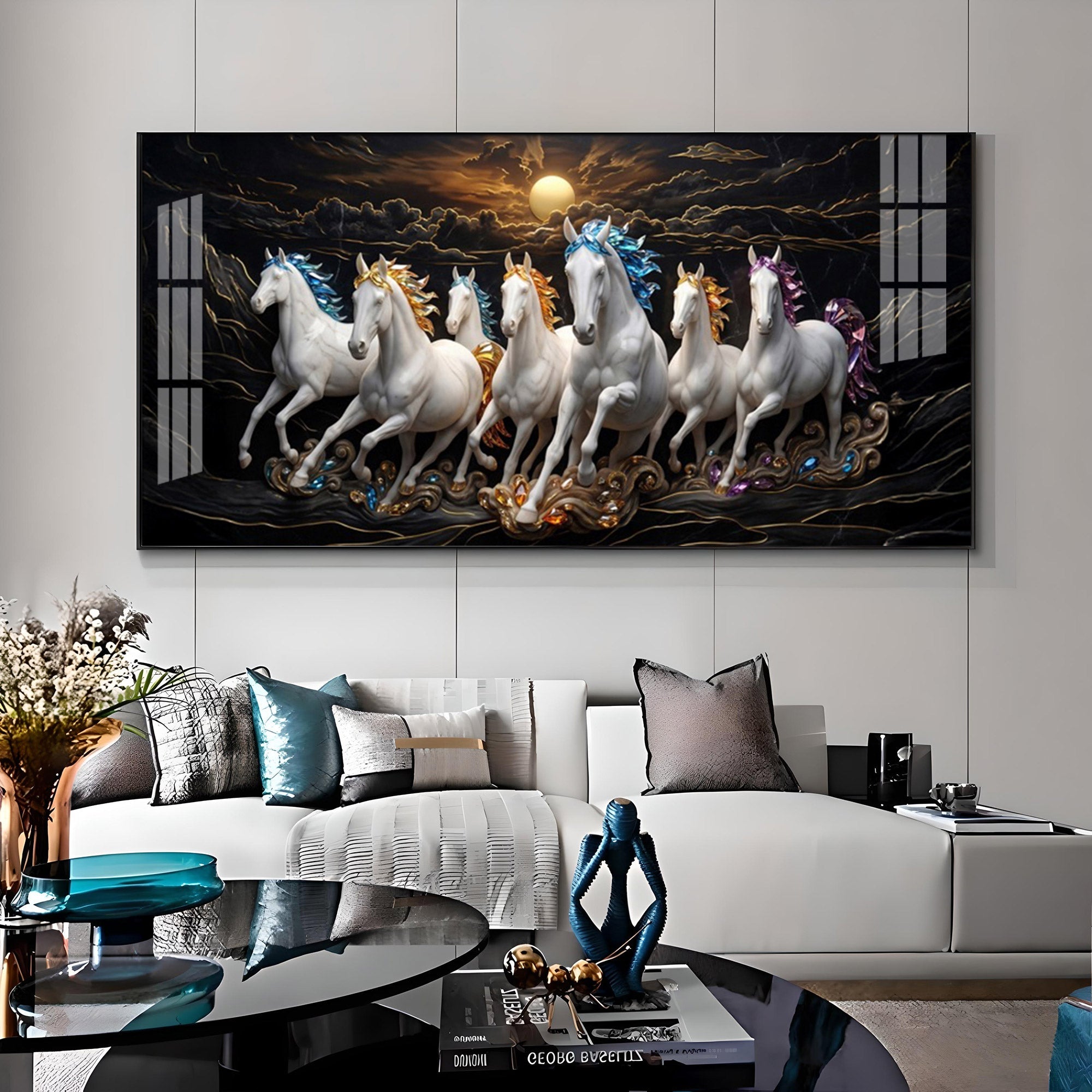 White Seven Running Vastu Lucky Horses Premium Acrylic Horizontal Wall Art