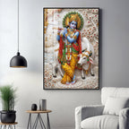 Shri Krishna With Cow Premium Acrylic Vertical Wall Art