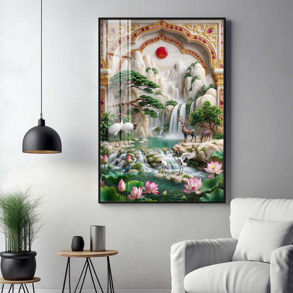 Sunrise Mountains Waterfall Premium Acrylic Vertical Wall Art