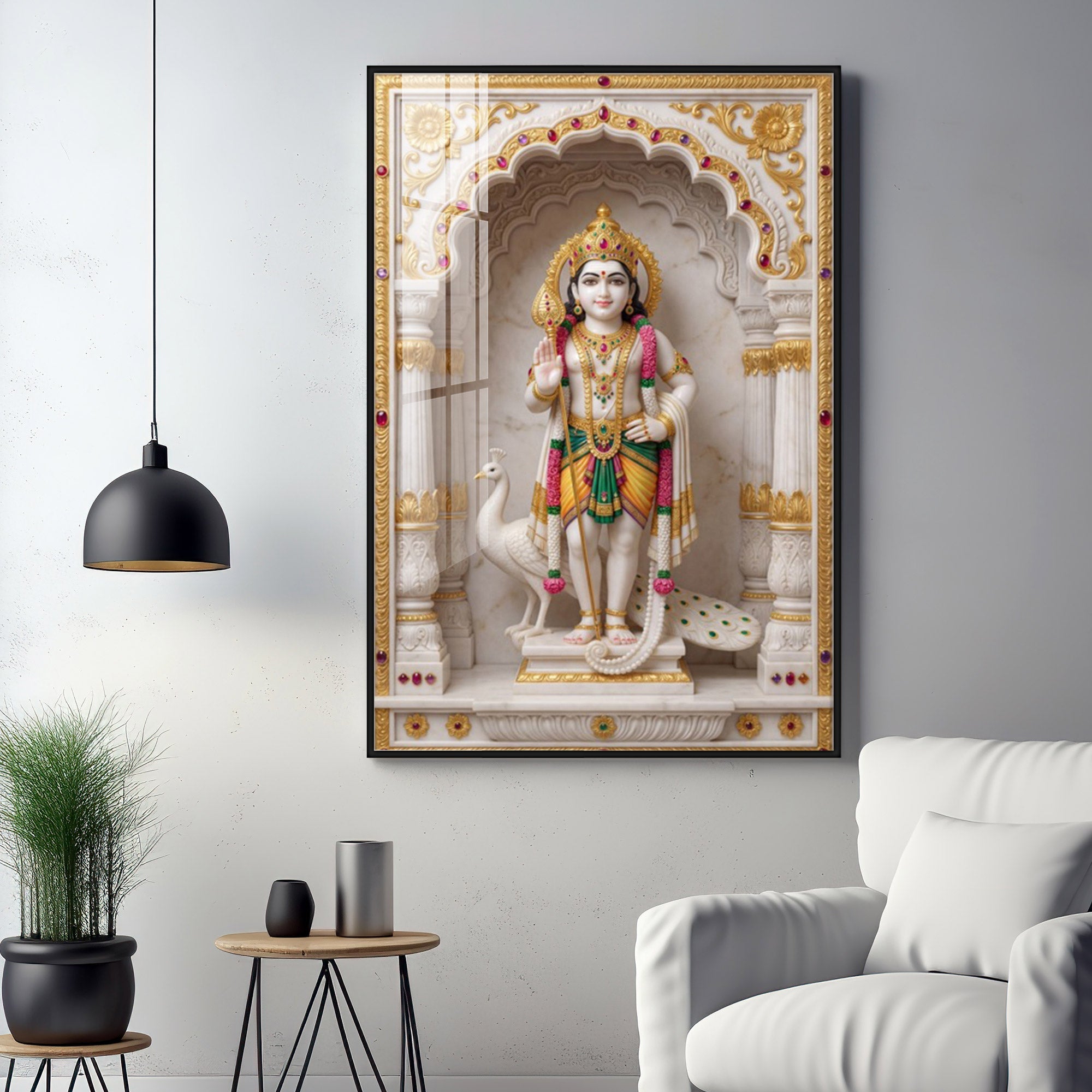 Lord Murugan With White Peacock Premium Acrylic Vertical Wall Art