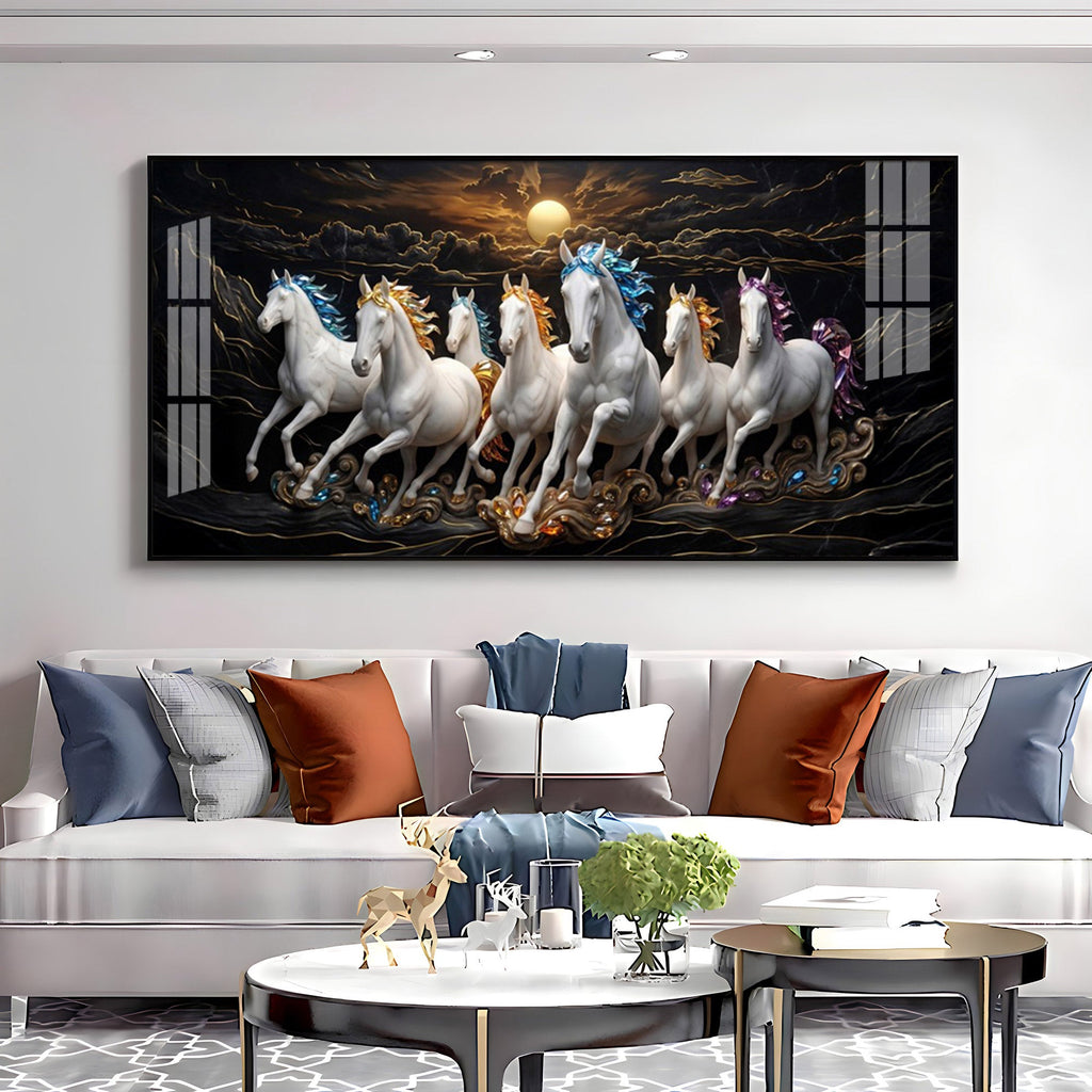 White Seven Running Vastu Lucky Horses Premium Acrylic Horizontal Wall Art