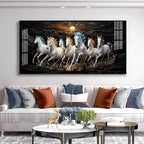 White Seven Running Vastu Lucky Horses Premium Acrylic Horizontal Wall Art
