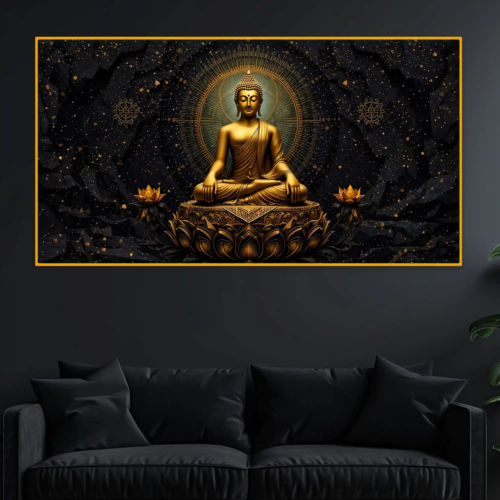 Black Background Buddha Crystal Glass Painting for Meditation Room Décor