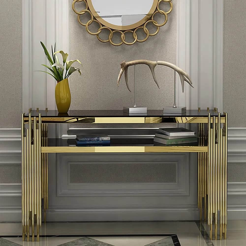 Black Faux Marble 2 - Tier Narrow Console Table - Decor Smart