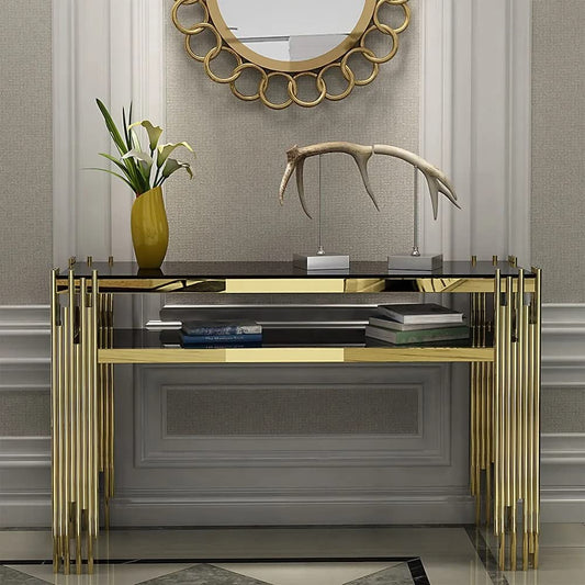 Black Faux Marble 2 - Tier Narrow Console Table - Decor Smart
