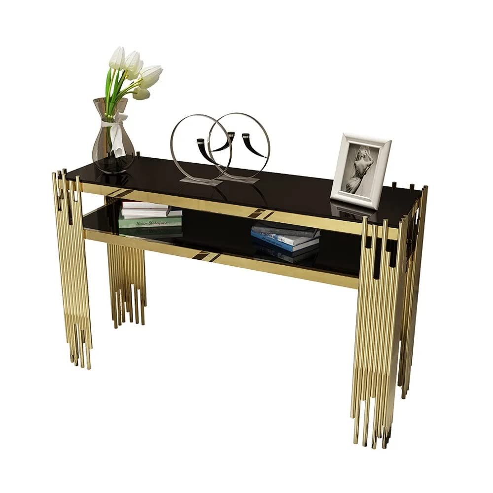 Black Faux Marble 2 - Tier Narrow Console Table - Decor Smart