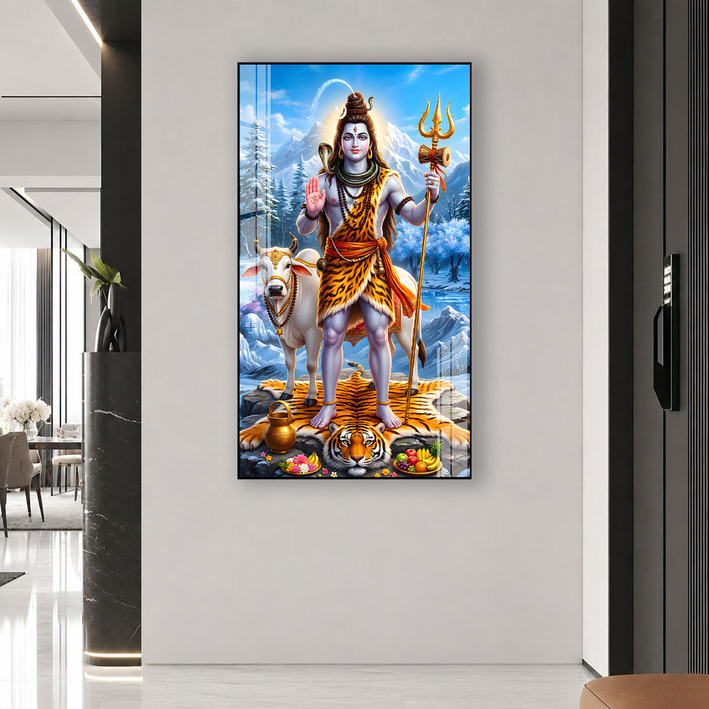 Mahadev Standing Acrylic Glass Painting with Trishul and Damru for Pooja Room