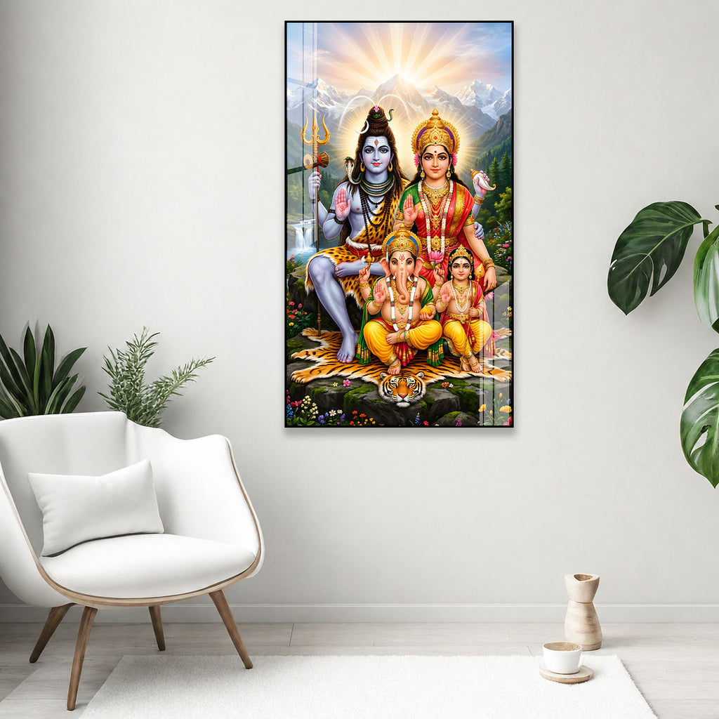 Lord Shiva Family HD Acrylic Wall Painting with Himalayan View
