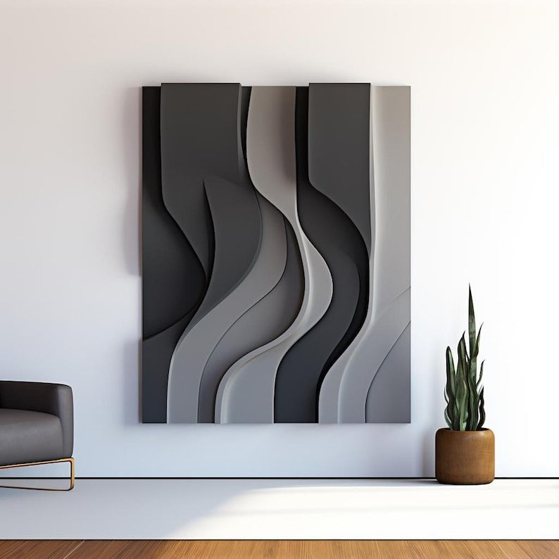 Black Gray and White Flowing Wave Design 3D Wall Decor