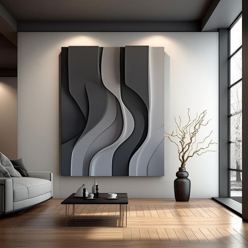 Black Gray and White Flowing Wave Design 3D Wall Decor