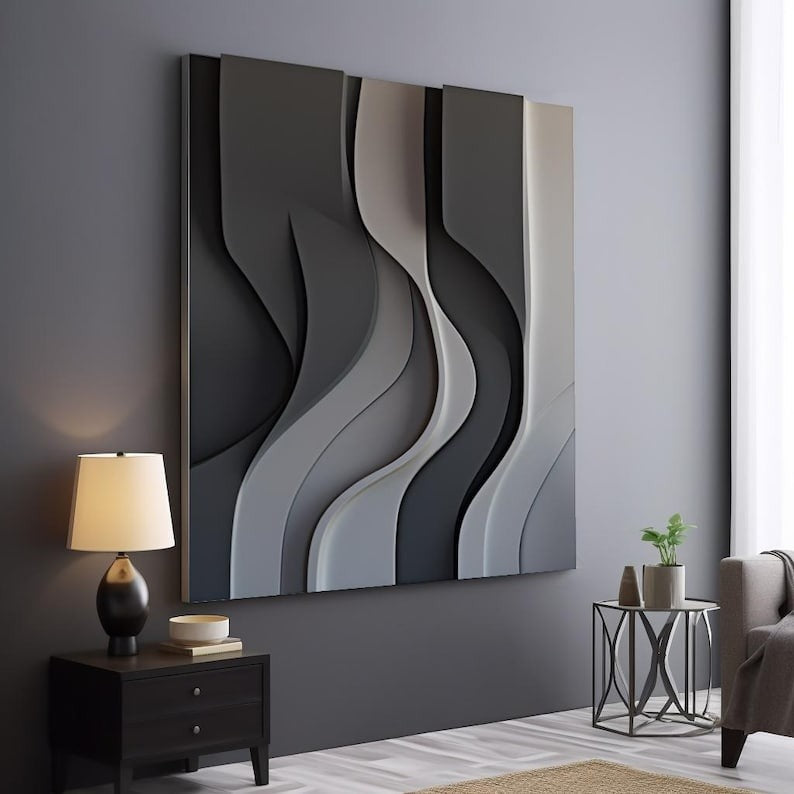 Black Gray and White Flowing Wave Design 3D Wall Decor