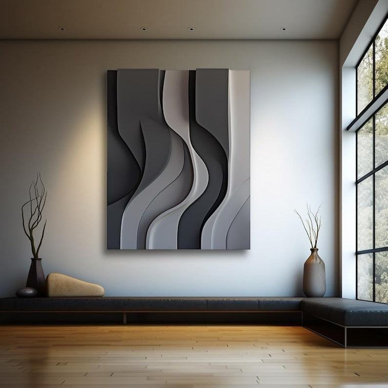 Black Gray and White Flowing Wave Design 3D Wall Decor