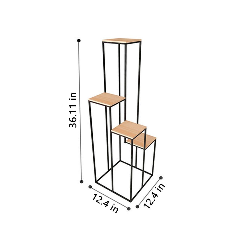 Black Metal Planter Stand with Premium Brown Wooden Shelves - 4 Tier - Decor Smart