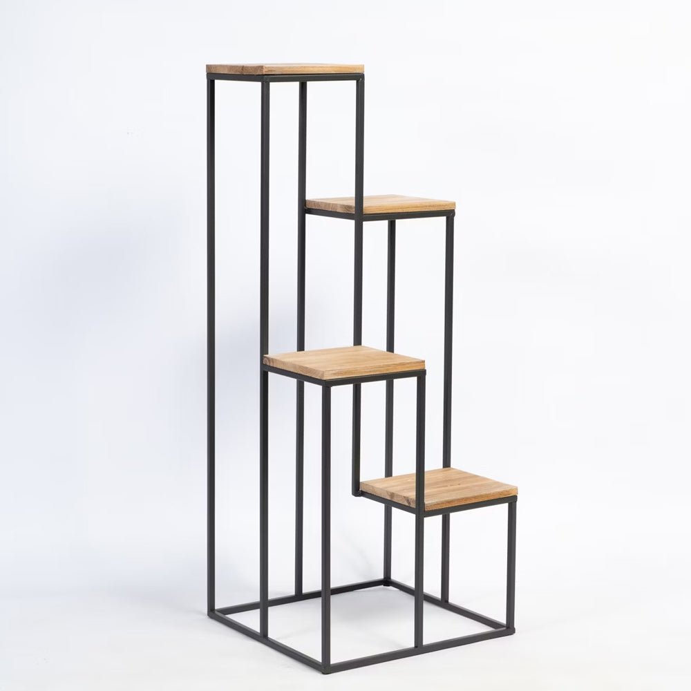 Black Metal Planter Stand with Premium Brown Wooden Shelves - 4 Tier - Decor Smart