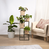 Black Metal Planter Stand with Premium Brown Wooden Shelves - 4 Tier - Decor Smart