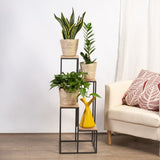 Black Metal Planter Stand with Premium Brown Wooden Shelves - 4 Tier - Decor Smart