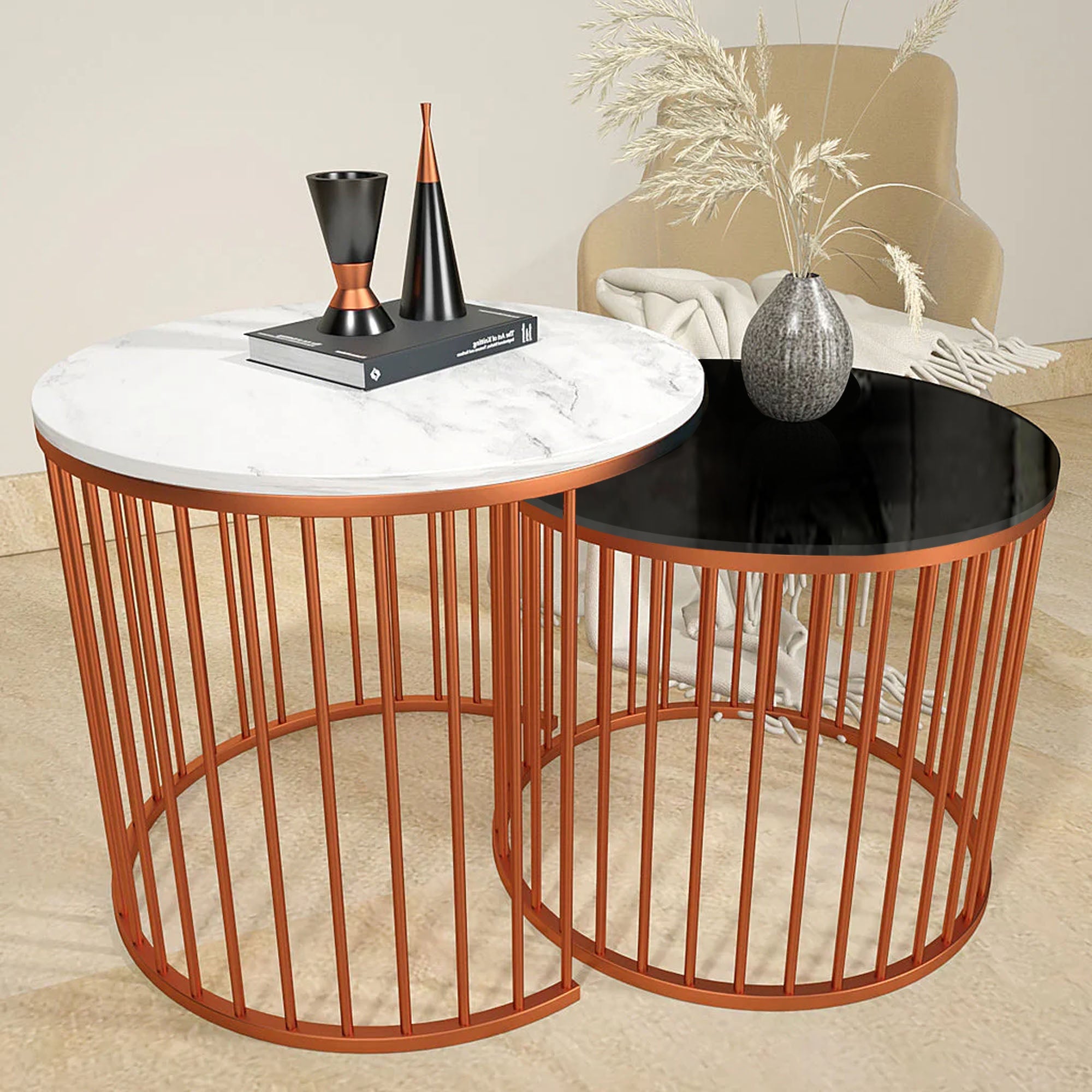 Black & White Caged Copper Nesting Table Set of 2 - Decor Smart