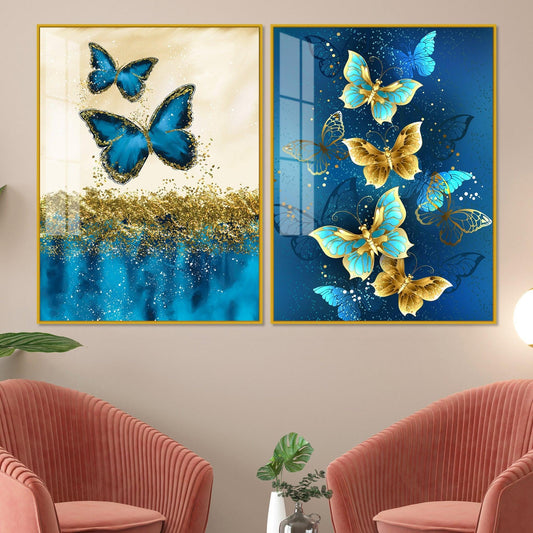 Blue and Golden Butterflies Acrylic Floating Wall Painting Set of 2 - Decor Smart