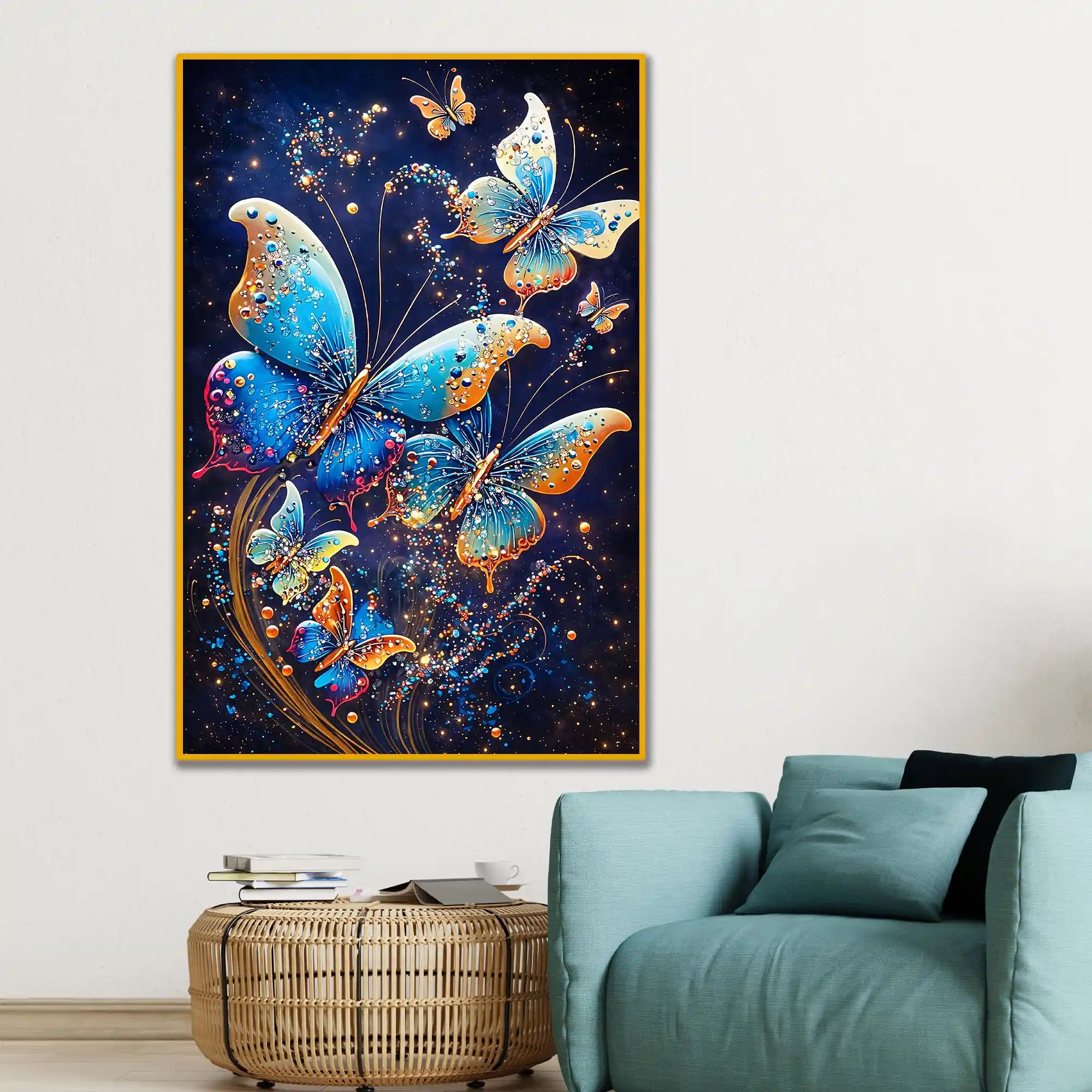 Blue Butterfly with Glitter Effect Floating Frame Crystal Wall Painting