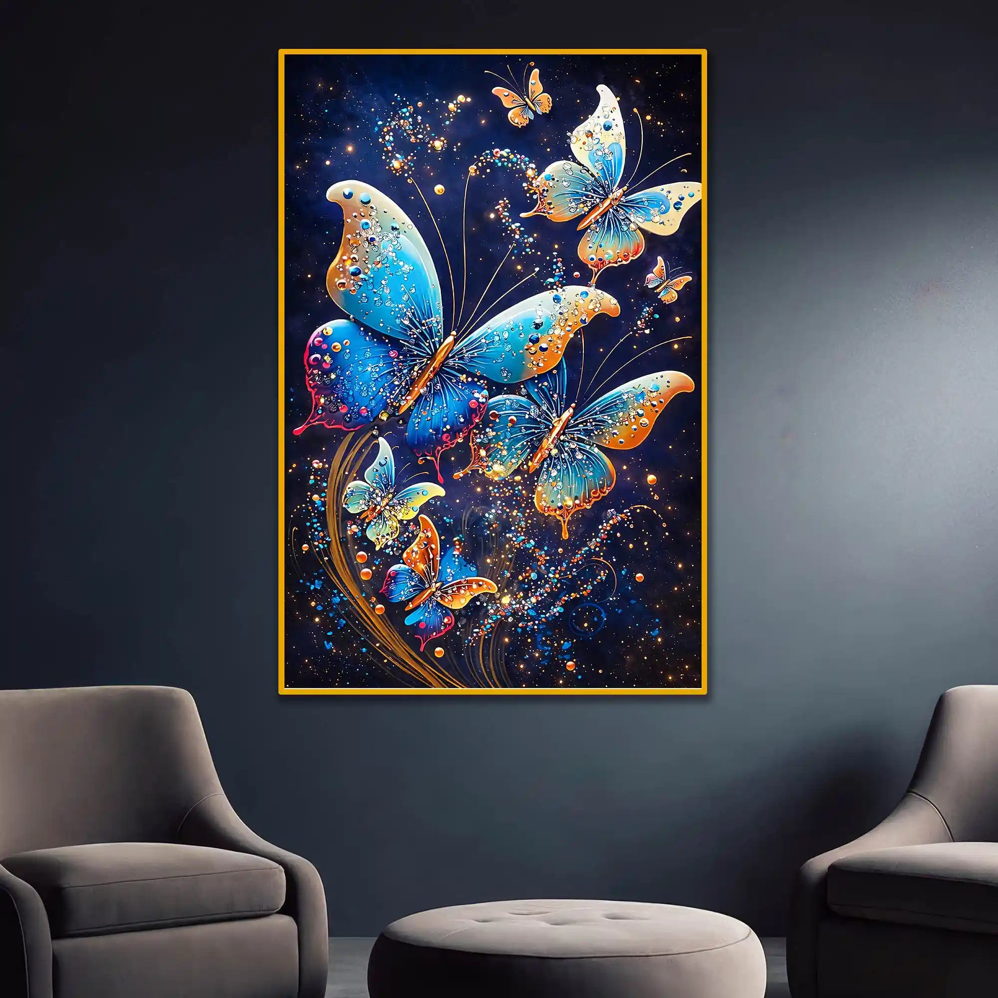 Blue Butterfly with Glitter Effect Floating Frame Crystal Wall Painting
