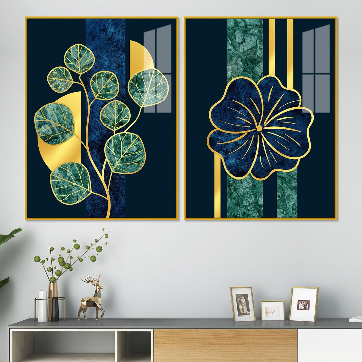 Blue Flower and Green Plant Acrylic Floating Wall Painting Set of 2 - Decor Smart