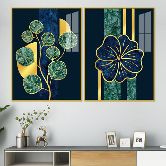 Blue Flower and Green Plant Acrylic Floating Wall Painting Set of 2 - Decor Smart