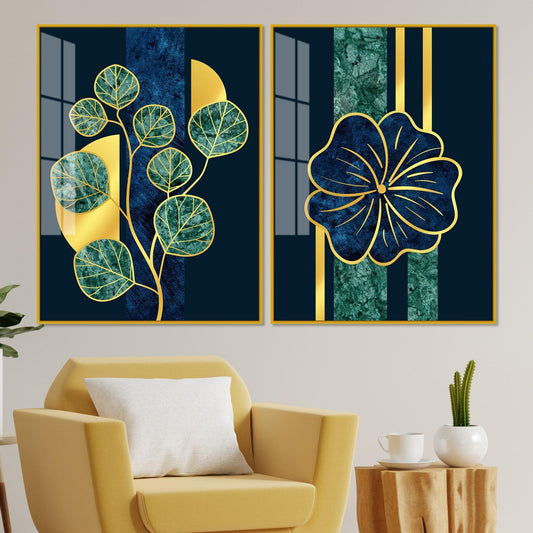 Blue Flower and Green Plant Acrylic Floating Wall Painting Set of 2 - Decor Smart